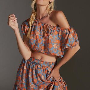 Anthropologie Sundry Boho Floral Puff Sleeve Top Women's Orange